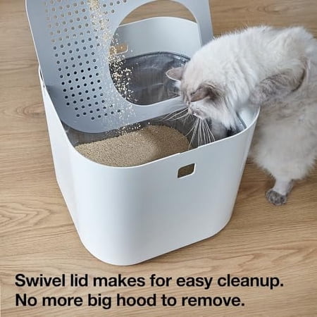 Modkat Top-Entry Litter Box - Reduces Litter Tracking Swivel Lid for Easy Cleaning Leak-Proof Dog Proof - Includes Scoop & Reusable Liner White
