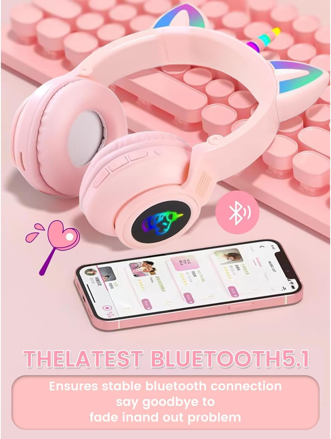 Unicorn Kids' Bluetooth Headphones,Foldable Wireless Headphones for Children with Cable and Microphone Earphones Volume Control,Unicorn-Inspired Gift Design for Birthday Gift & Christmas (pink)