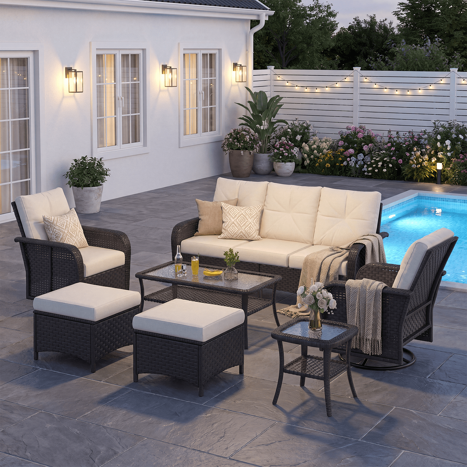 BaPiPro 7-Piece PE Wicker Patio Furniture Set with Swivel Chairs, Beige Cushions, Steel Frame & Glass Table, All-Weather for Patio, Garden & Poolside, Black Wicker