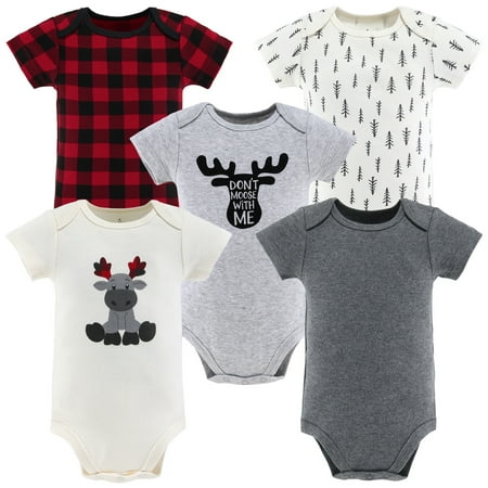 UPC: 0841297170560 | The Peanutshell Baby Boy or Baby Girl Short Sleeve Bodysuits 5 Pack Woodland Animal & Buffalo Plaid