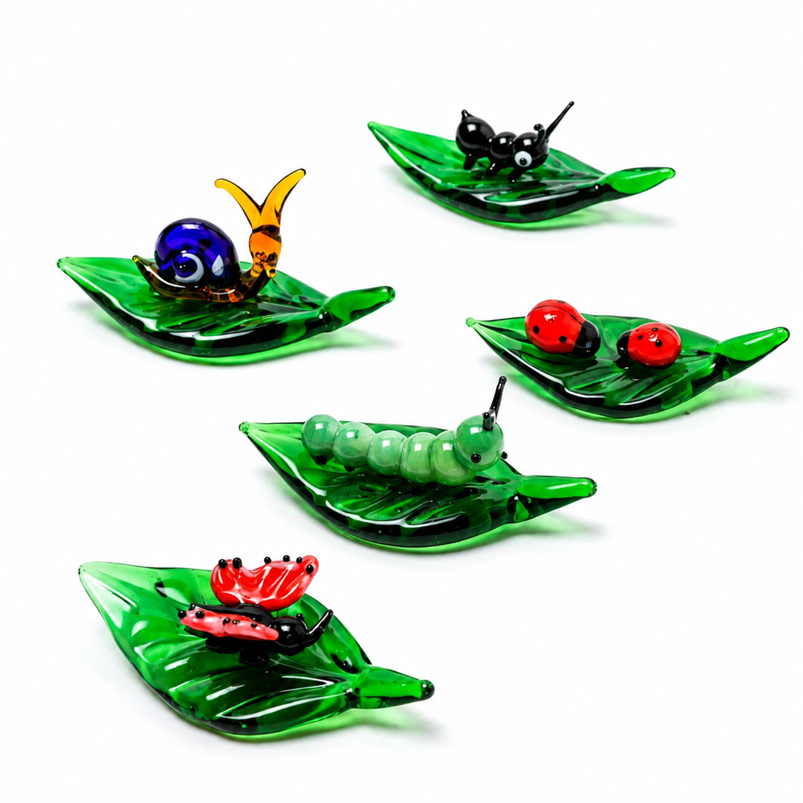5 Pack Glass Insect Figurines, Mini Garden Friends with Ladybug, Ant, Caterpillar, Butterfly & Snail for Desk, Shelf & Home Decor