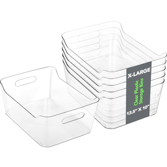 6 Pack Plastic Storage Bins, Extra Large Pantry Organizer, 13.5" x 10" Clear Storage Containers and Organizer Bins, Multi-Use Bins for Home, Kitchen, Closet and Cabinet