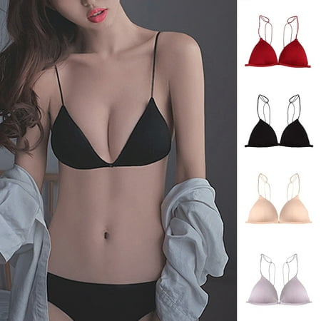 

rygai Triangle Cup Front Buckle Spaghetti Strap Sexy Bra Seamless Push Up Thin Underwear for Daily Wear Dark Red XL