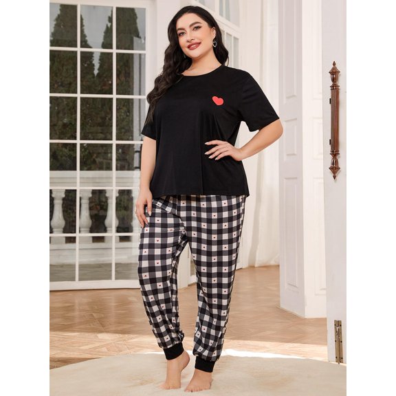Women's Plus Size Pajama Set Soft Short Sleeve Plaid Jogger Pants Oversize Sleepwear Sets Pj Set 1XL
