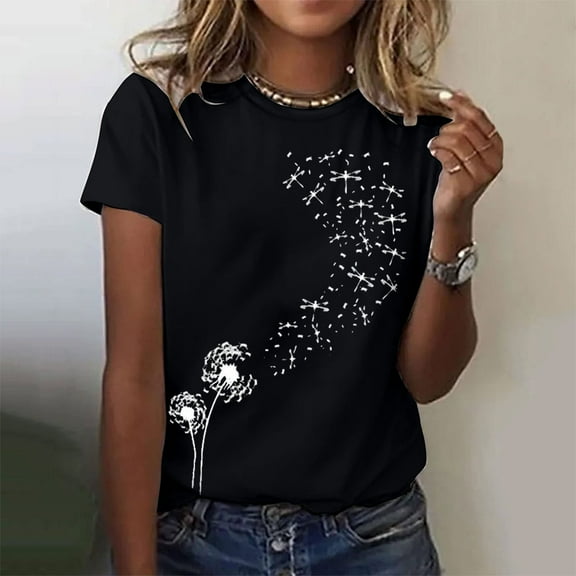 Wycnly Womens Tops Dressy Casual Comfy Breathable Loose Fit Trendy Pullover Tees Shirts Summer Short Sleeve Crewneck Tops Dandelion Print Blouse Black XXL