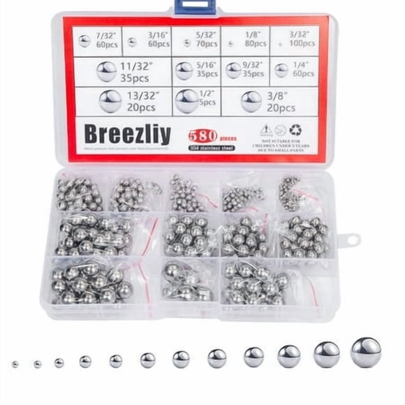 Breezliy 580 Pcs 12 Size Precision 304 Stainless Steel Bearing Steel Ball Assortment 3/32 1/8"" 5/32"" 3/16"" 7/32"" 1/4"" 9/32 5/16 11/32 3/8 13/32 And 1/2'' With Storage Box