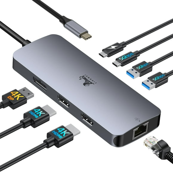 USB C Docking Station Dual Monitor, LIONWEI Laptop Docking Station 3 Monitors with 2 HDMI, 4K DisplayPort, 1Gbps Ethernet, 100W PD, 3 USB A/C 3.0, USB C Hub Mu