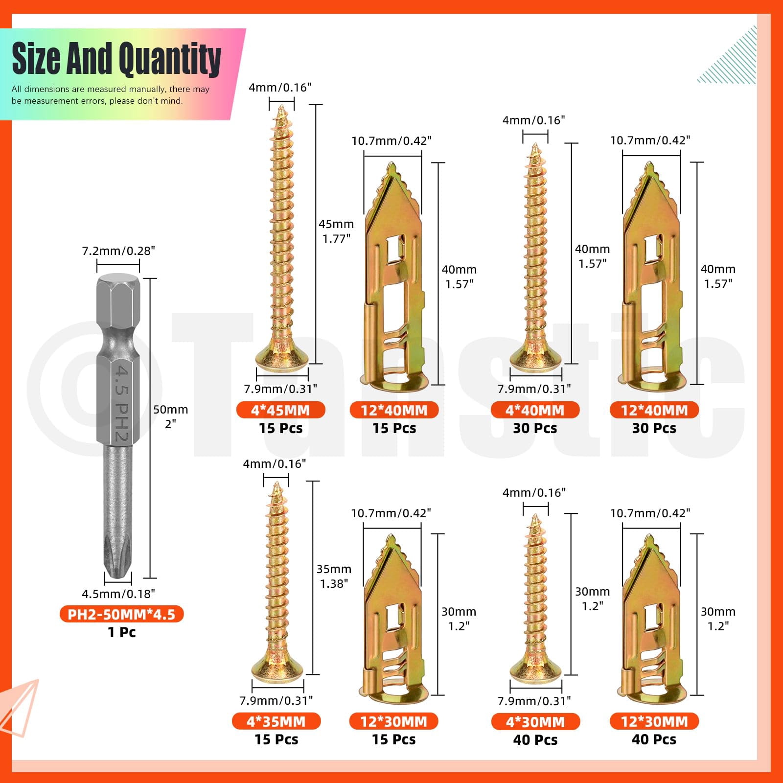 200Pcs Self Drilling Drywall Anchors with Screws, 4 Different Sizes Drywall Self Drilling Anchors Steel Wall Anchor with Screwdriver Bit for Wall Hanging(Black)