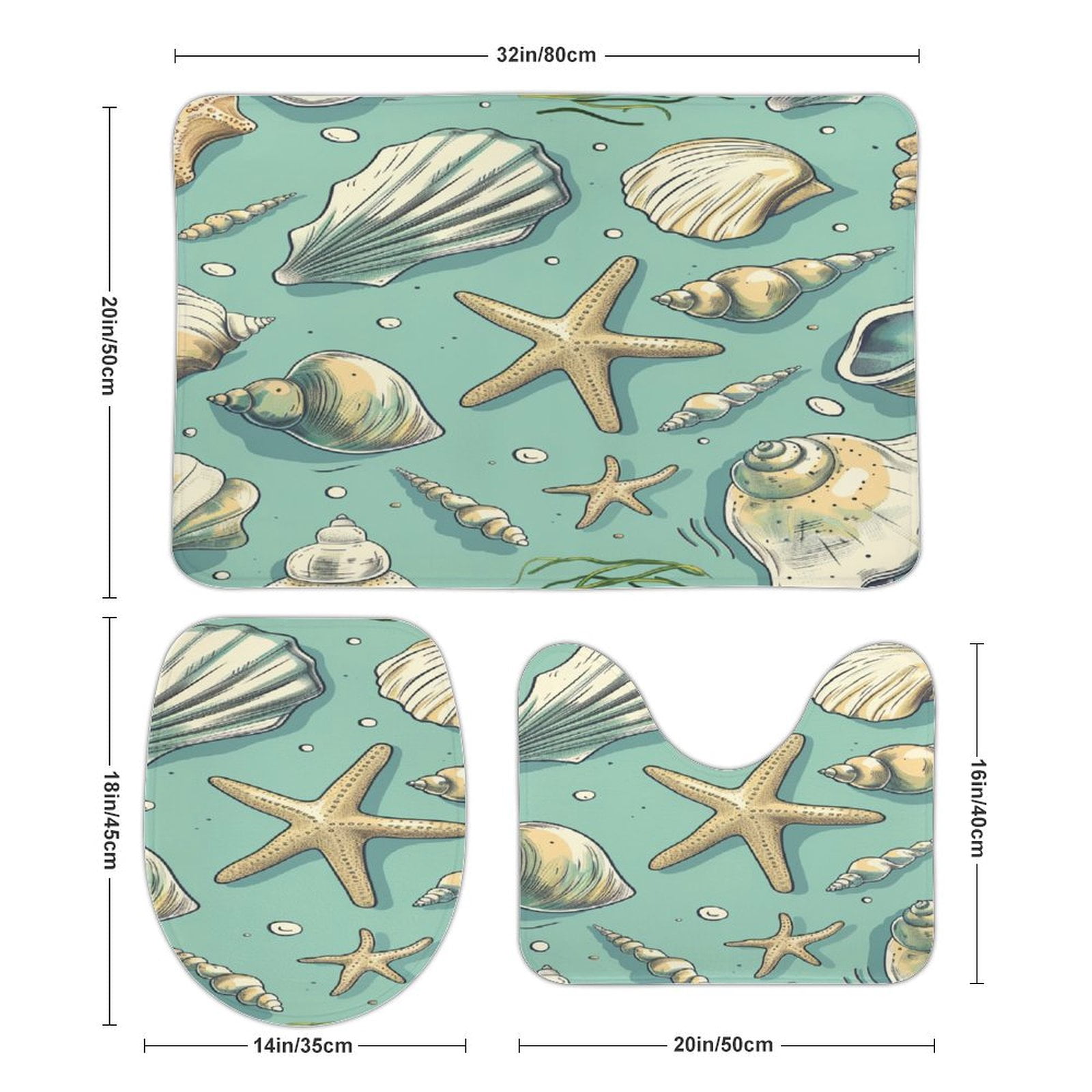 Beach Seashell Starfish 3 Piece Bath Rugs Mat Set, Flannel Mats, Machine Washable Carpets Mat for Bathroom Kitchen, Tub Toilet Contour Mat Lid Cover