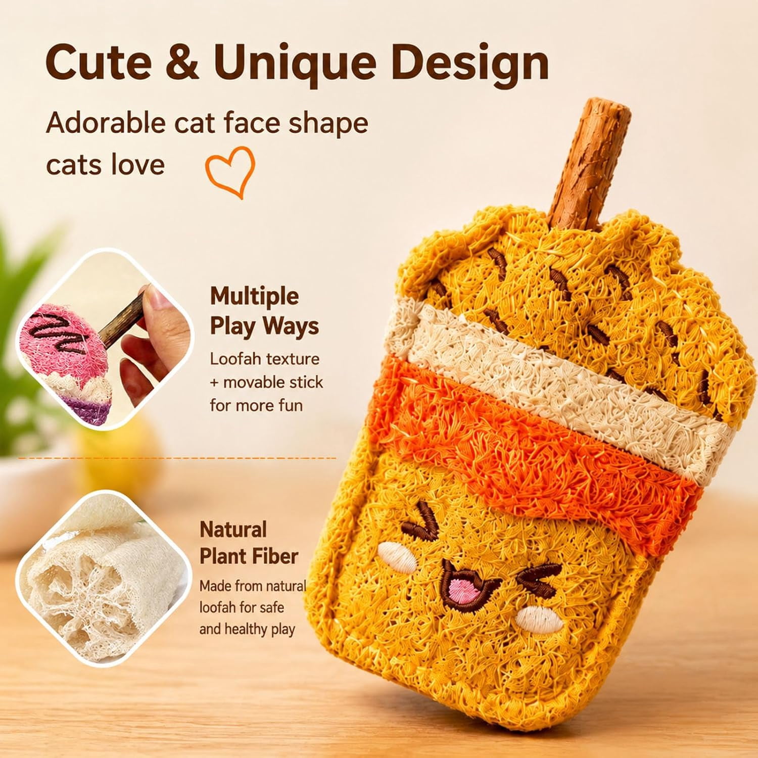 Cat Dental Care Natural Chew Loofah Toys, Silvervine Sticks for Indoor Cats & Kittens, Milk Tea Cup-Shaped Treats, Helps Remove Dental Calculus(RL Mix 3 PCS)