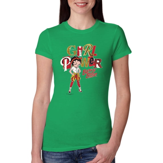 Wild Bobby, Betty Boop Winking Girl Power Femenist Betty Boop Womens Slim Fit Junior Tee, Kelly, X-Large