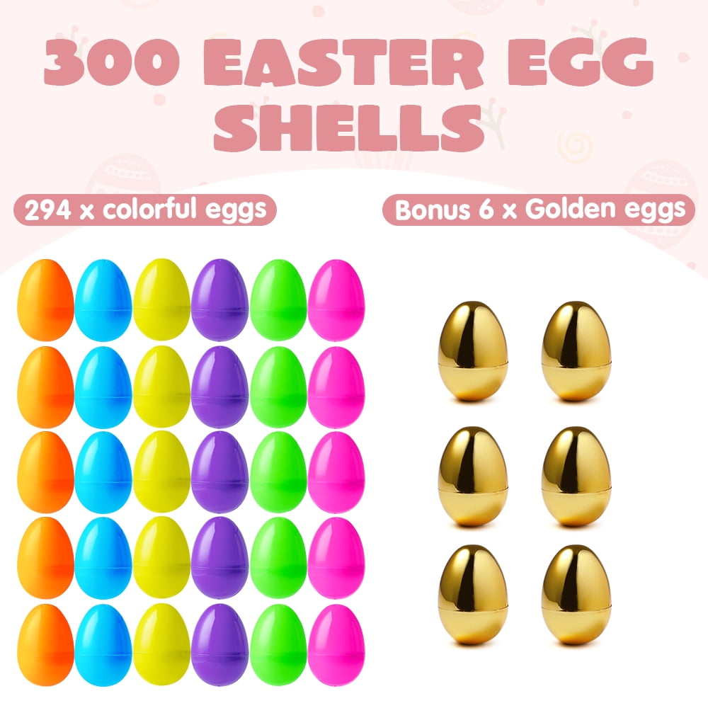 Joyfy 300 Pcs Easter Eggs, 2.3" Plastic Easter Eggs with 6 Pcs Golden Eggs Bulk, Empty Fillable for Easter Hunt Party Favor Basket Stuffers Filler Classroom Prize Supplies Decor