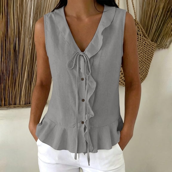 BADHUB Women Tank Top V Neck Sleeveless V Neck Ruffle Hem Top Lighetweight Summer Fashion Vacation Blouse Tee Gray XL