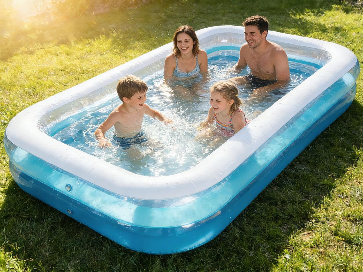 Kids Splash Pool Inflatable Rectangular, Extra Large BPA-Free PVC Family Pool with Easy Drain for Ages 3-12, Thickened Anti-Burst Backyard Summer Pool