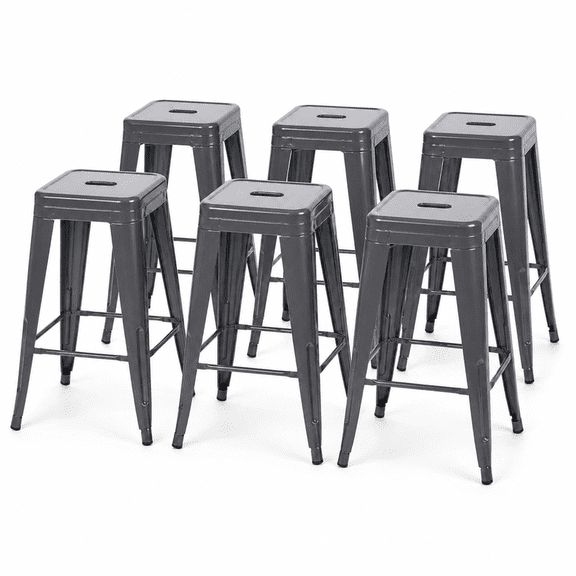 24 Inch Backless Metal Counter Stool Set of 6, Gray, Stackable with Carry Hole and Footrest