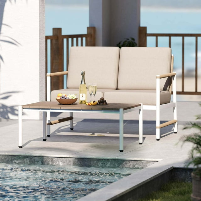Costway Ensemble de Mobilier de Patio 2 Pcs Causeuse Canapé avec Table à Café Coussins Épais