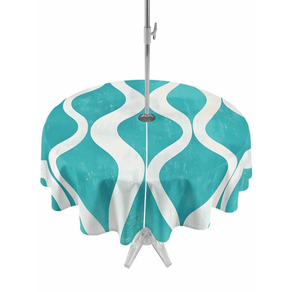 Outdoor Table Cloth with Umbrella Hole and Zipper, Teal Wave Waterproof Round Tablecloth 54 Inch, Modern Abstract Art Farmhouse Washable Table Cover for Outside Party Patio Picnic