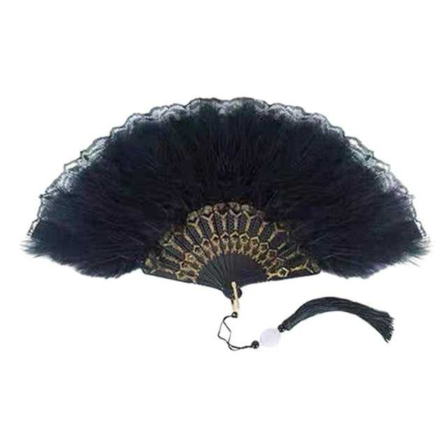 Yinanstore 2 Pieces Feather Fan Folding Hand Fan Photo Props Prom Party Decoration Halloween Handmade Decorative Woman Gift Embroidered black