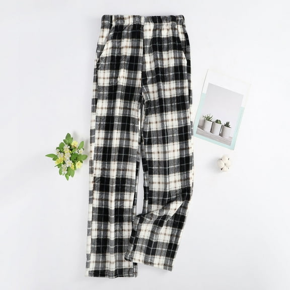 Fleece Pajama Womens Soft Flannel Cute Plaid Comfy Pants Fuzzy Wide Leg Lounge Sleepwear Casual Sweatpants with Pockets (XL, Black)