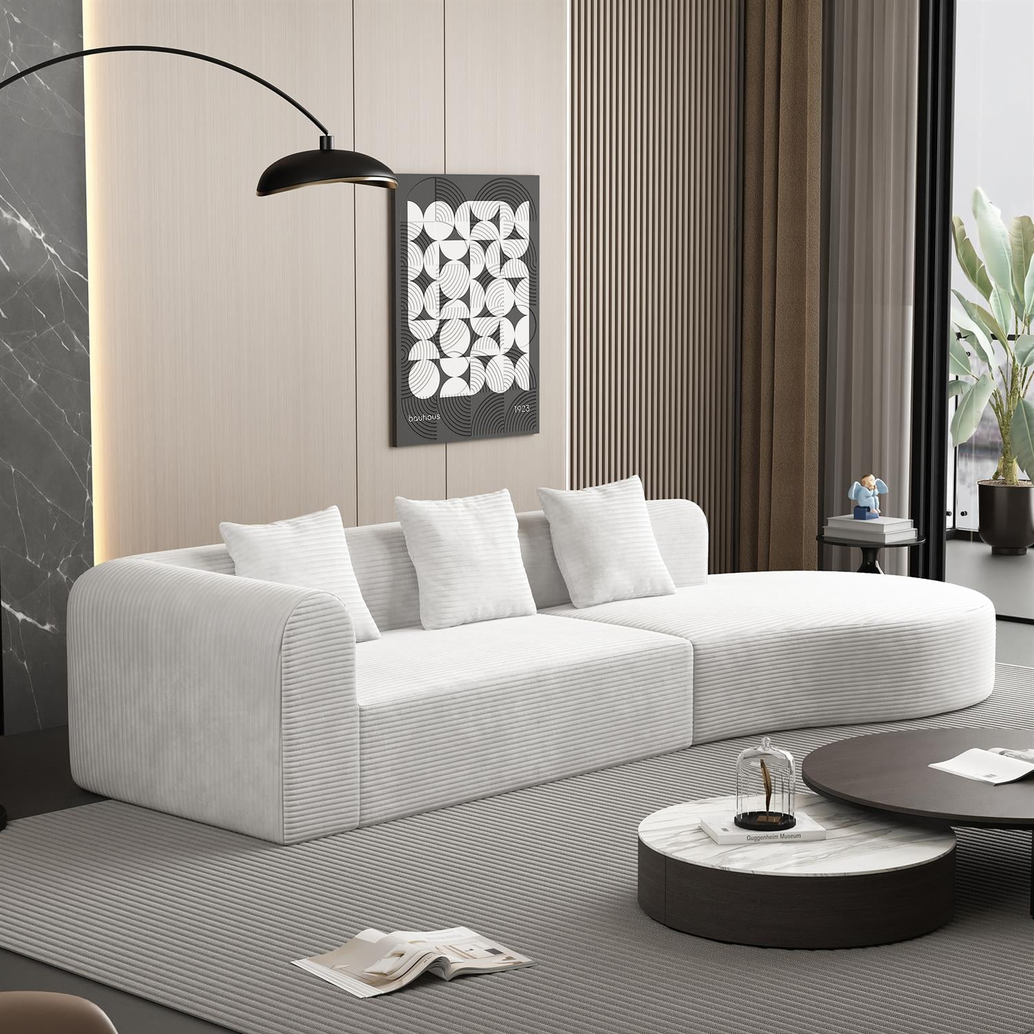 Demi Bonn 123"x37" Deep Modular Cloud Sofa, 4-Person Corduroy Sectional for Living Room, Comfortable Seat or Lie Down, No Assembly Needed, White