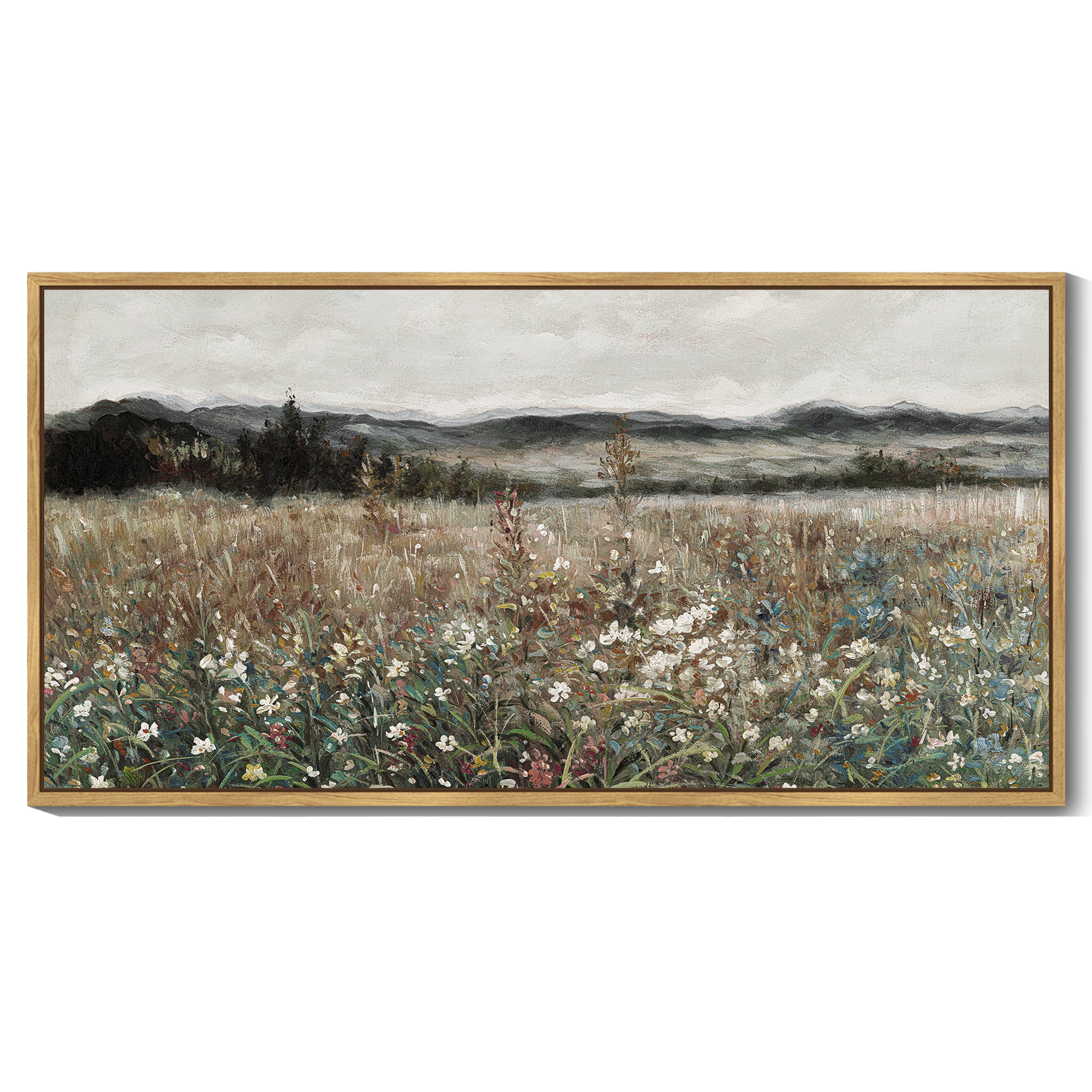 Drsoum Vintage Landscape Wall Art Meadow Sea of Flower Wall Prints Classic Retro Farmhouse Rustic Decorations for Living Room Bedroom 8x16in Natural Framed