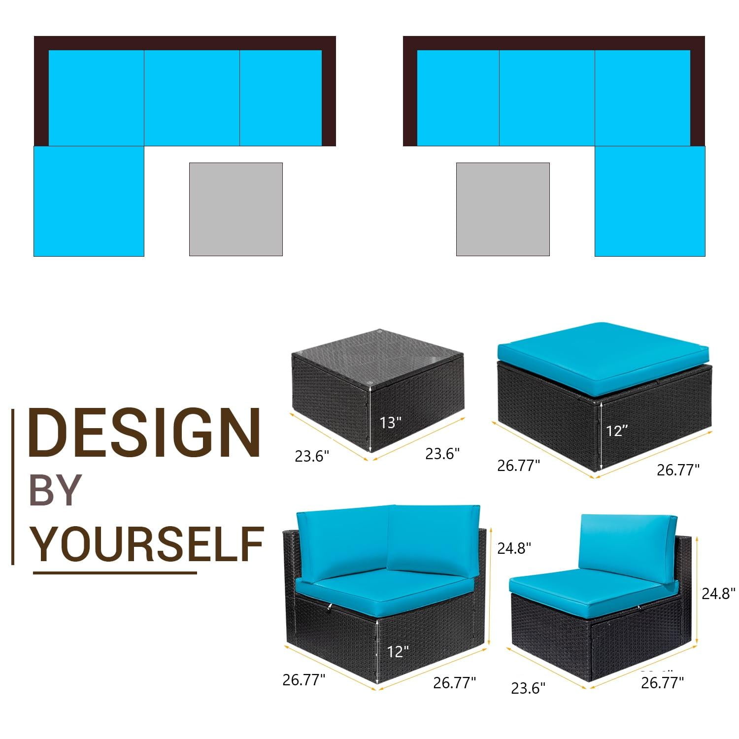 Devoko 5 Pieces Patio Sectional Set Outdoor Rattan Sofa with Glass Table, Blue