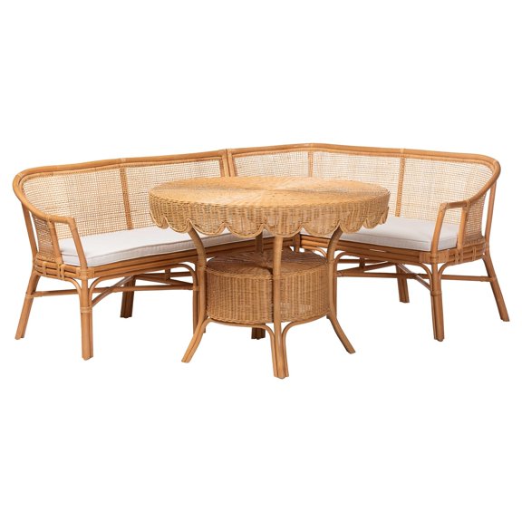 bali & pari Ceona 3-Piece Natural Rattan Dining Nook Set Banquette Seating