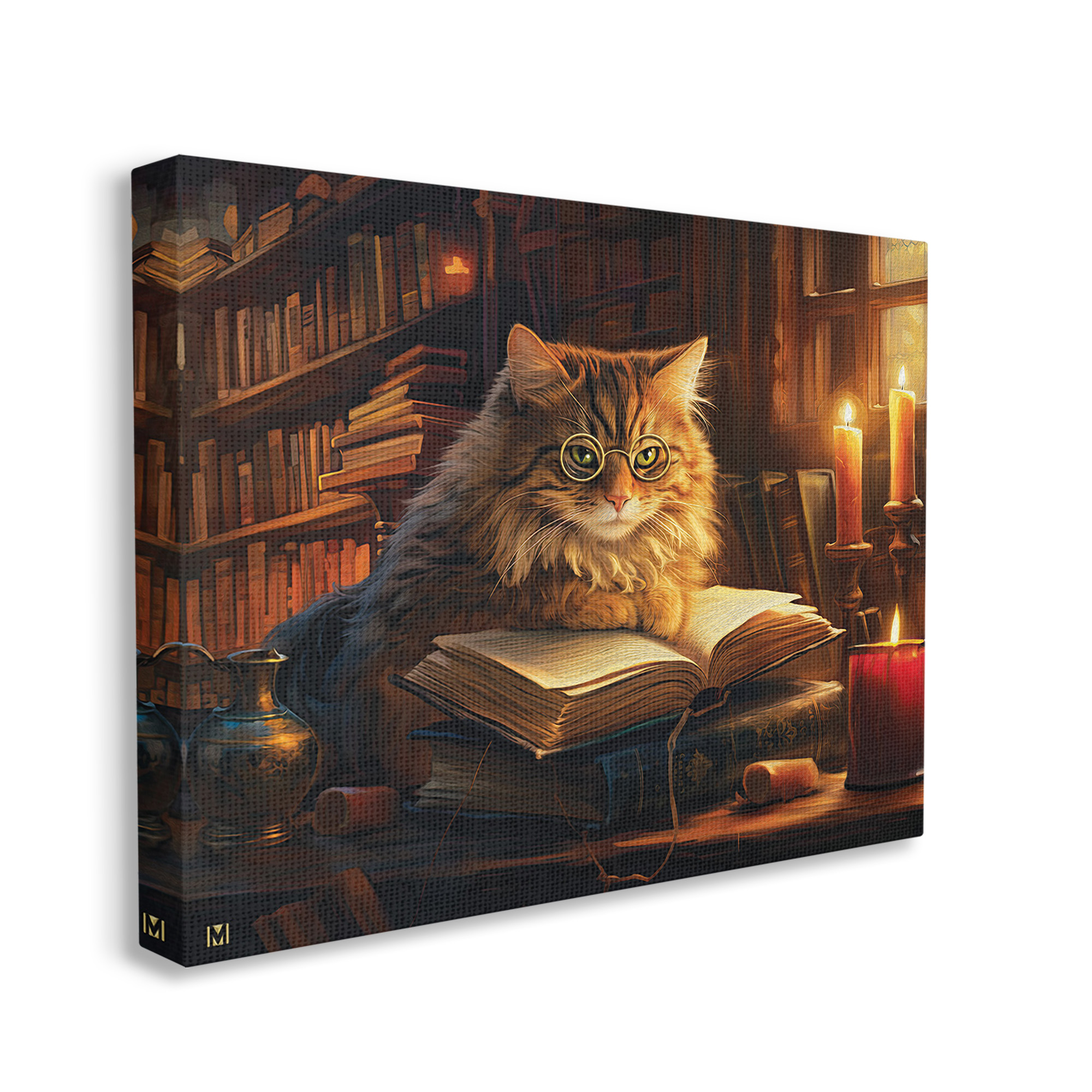 Stupell Industries Cat Reading by Candlelight Animals & Insects Painting Gallery Wrapped Canvas Art Print Wall Art, 40 x 30