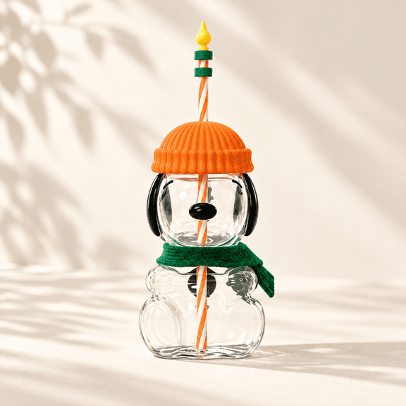 Whimsical Dog Glass Tumbler with Straw Cute Character Cold Drink Cup with Hat Lid Scarf for Iced Coffee Juice and Gifts
