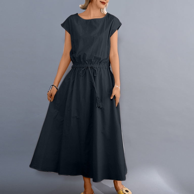 Diufon Cotton Linen Dresses for Women Elastic Waist Drawstring A-Line Dress  Crewneck Cap Sleeve Dress - Walmart.com