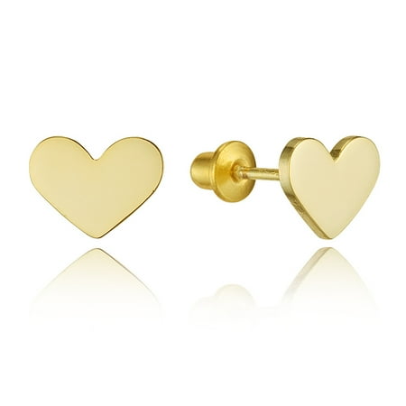 Mini Heart Post Earrings - 14k Gold Plated Brass Plain Heart Screwback Baby Girls Earrings with Sterling Silver Post