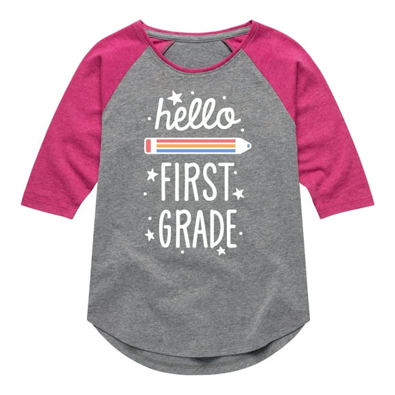 Instant Message - Hello First Grade - Toddler & Youth Girls Raglan Graphic T-Shirt