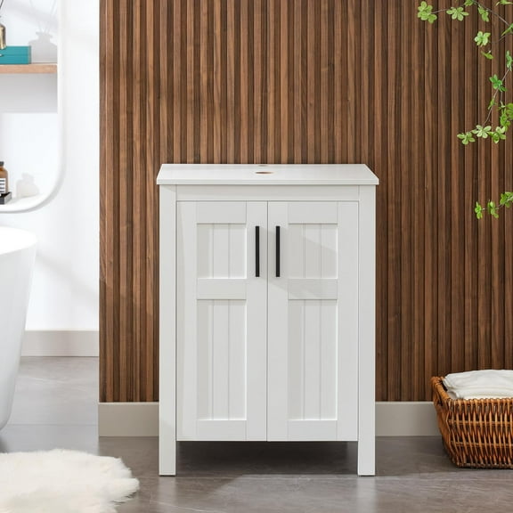 UEV White 24" Bathroom Vanity Without Sink,Modern Freestanding Sink Cabinet,Stylish Bathroom Vanity Cabinet,Grooved Double Doors,Metal Handles