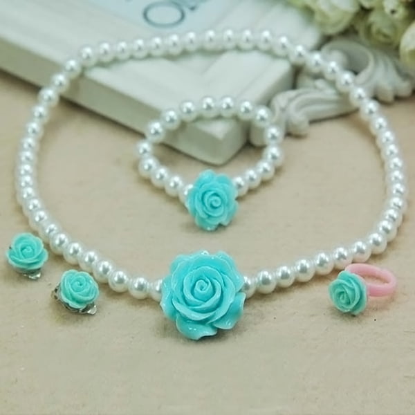 Girls Flower Shape Pearl Necklace Bracelet Ring Jewelry Set Child Ear Studs Gift 