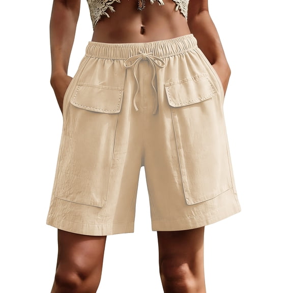 TEAJOPSUU Womens Solid Color Shorts Cotton Linen Blend Drawstring Multi Cargo Pockets Shorts Casual Summer Shorts Beige