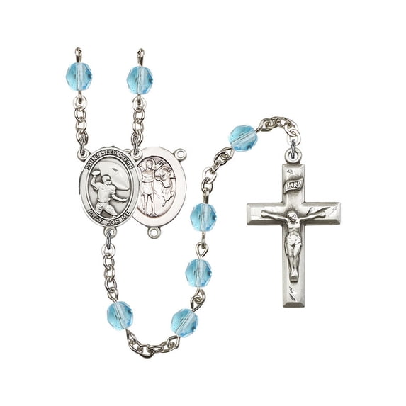 St. Sebastian / Football Silver-Plated Rosary 6mm March Light Blue Fire Polished Beads Crucifix Size 1 3/8 x 3/4 medal charm