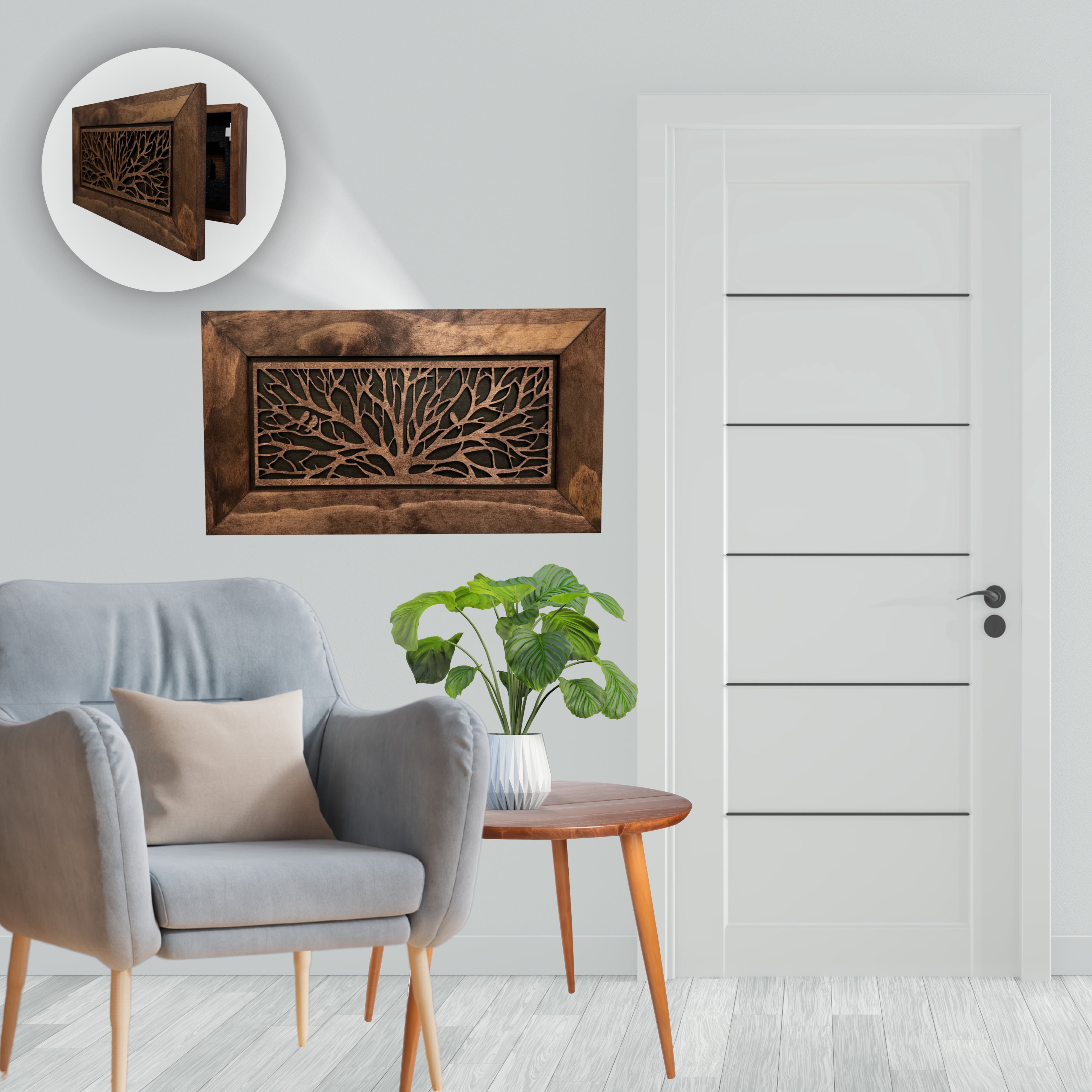 Wood Birds in a Tree 3-4 Gun Safe Secure Magnetic Lock Quick Access Wood Pistol Cabinet Wall Decor