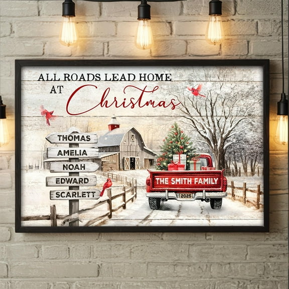 YaHaku Personalized Family Christmas Poster Wall Art, At Christmas All Roads Lead Home Wall Art, Christmas Sign Vintage Metal Tin