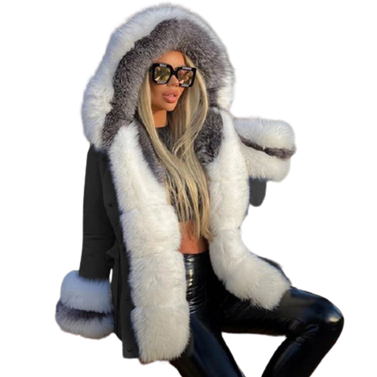 Womens Faux Fox Fur Hooded Fluffy Parka Coat Thick Mid-Long Furry Outwear