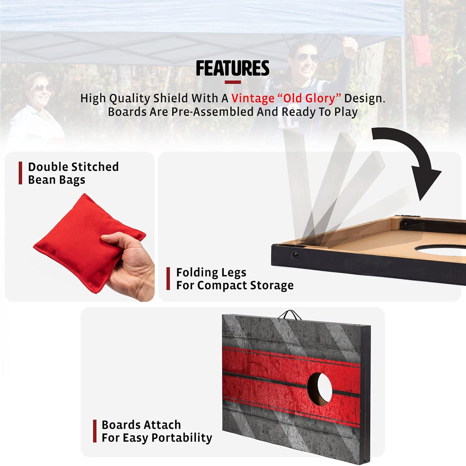 Backyard Champs Tailgate Mdf Cornhole With 8 Regulation Bean Bag Set 2 X 3 Feet, Red