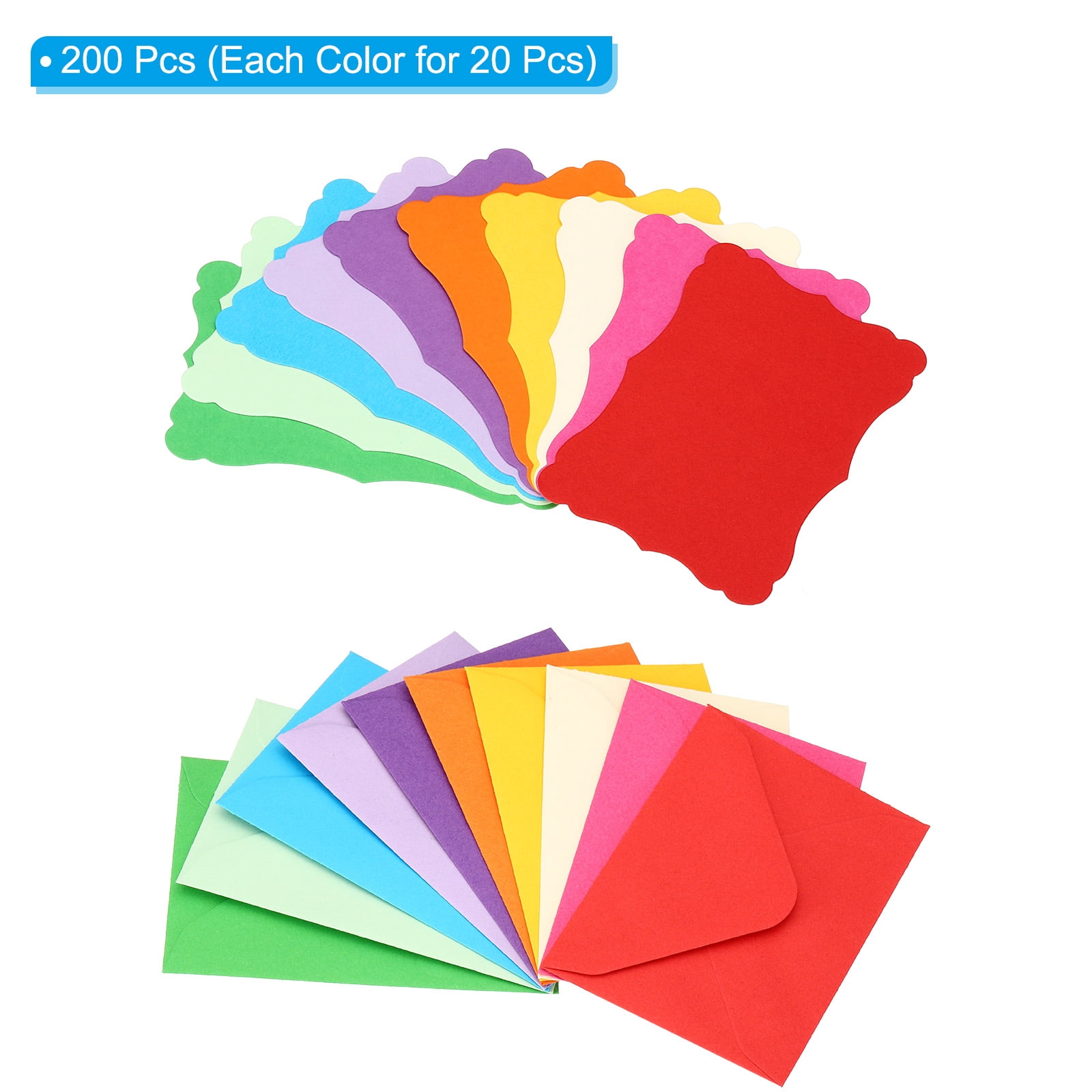 3.7"x2.4" Mini Envelopes with Blank Paper Business Cards, 200 Pack Small Index Flash Cards Words, Colorful