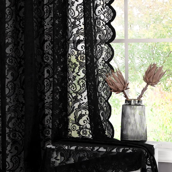 AUQ Black Sheer Lace Curtains Vintage Floral Window Curtain Panels for Living Room 84 Inch Long Curtains for Living Room,Rod Pocket,2 Panels
