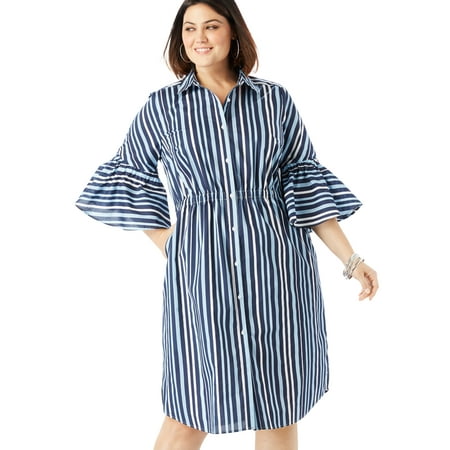 Roaman's Plus Size Bell-sleeve Shirtdress With Button Front Dress