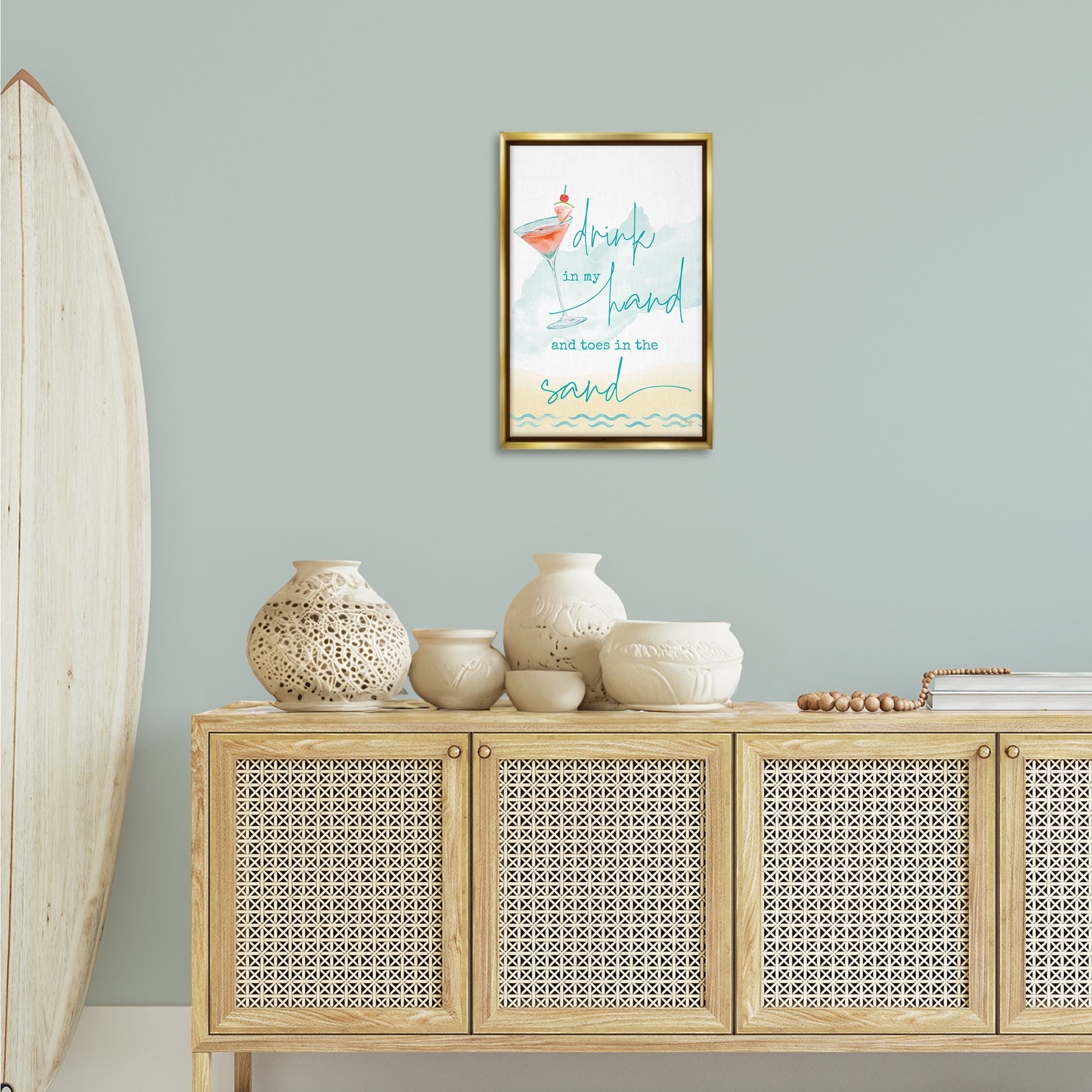 Stupell Industries Drink & Sand Beach Sentiment Text & Numbers Painting Gold Floater Framed Canvas Art Print Wall Art, 17 x 25