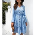 thumbnail image 2 of Vestido de mujer escote en V manga larga abombada cintura alta estampado de lunares vestido informal de moda para mujer azul claro S, 2 of 6