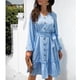 thumbnail image 2 of Vestido de mujer escote en V manga larga abombada cintura alta estampado de lunares vestido informal de moda para mujer azul claro S, 2 of 6