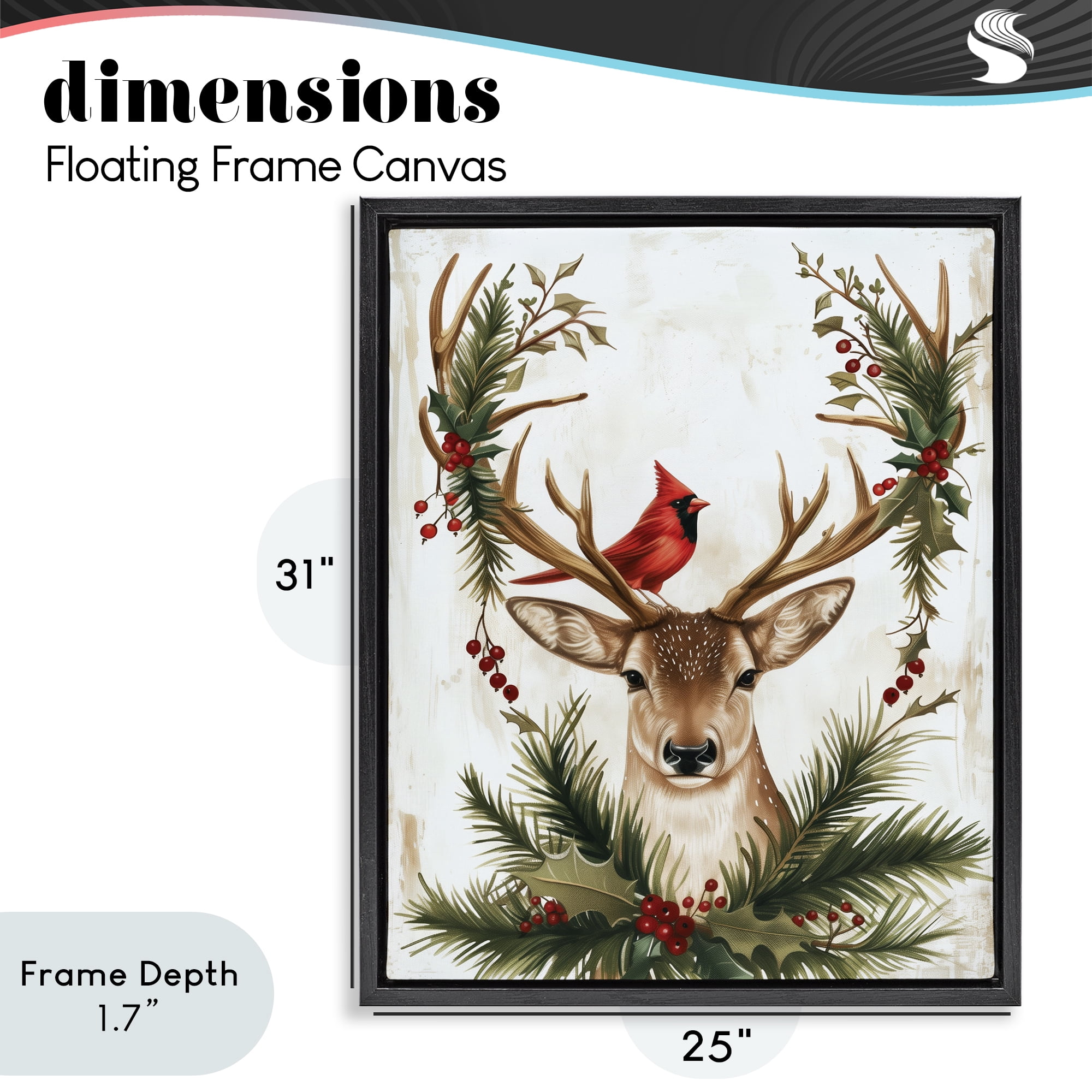 Stupell Industries Cardinal & Deer with Festive Flora Black Framed Floater Canvas Wall Art, design by Acorn & Ivory Designs