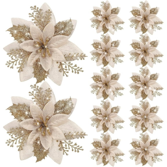 Nomive 12 Pcs Glitter Poinsettia 5.9" Artificial Flowers Christmas with Clips Stems Xmas Tree Ornaments for Wedding Party Wreath Decoration (Golden)