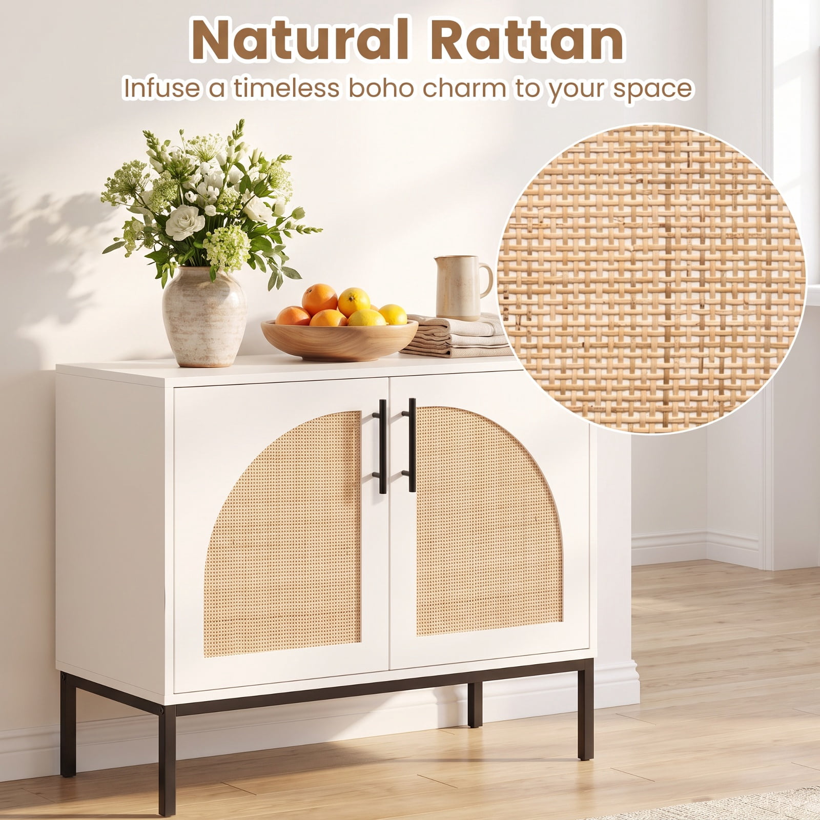 Furnibear 32" Sideboard Buffet Cabinet with 2 Natural Rattan Decorated Doors and Adjustable Shelf for Kitchen Dining Living Room Buffet, White