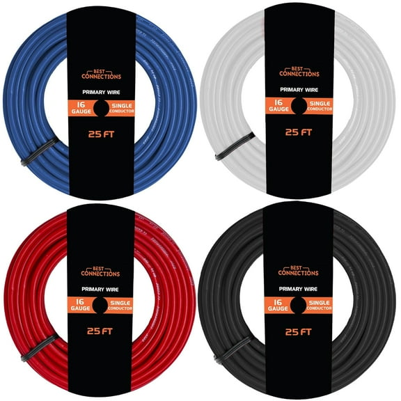Best Connections 16 Gauge Car Audio Primary Wire (25ft–4 Rolls)– Remote, Power/Ground Electrical